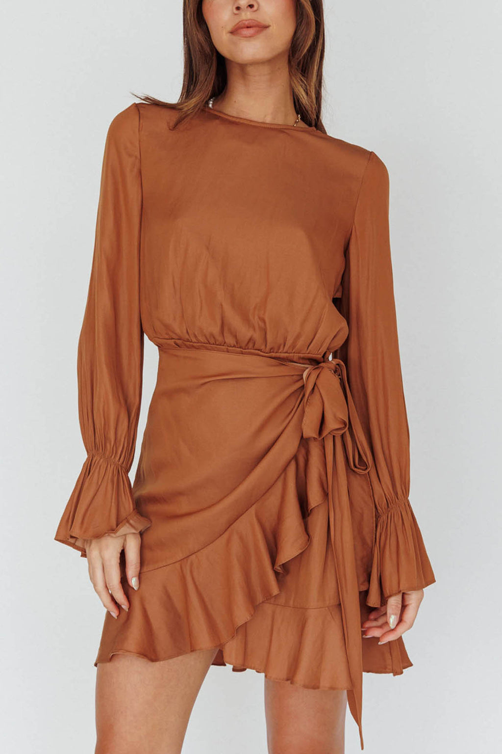 Darla Long Sleeve Satin Dress Tan by Selfie Leslie