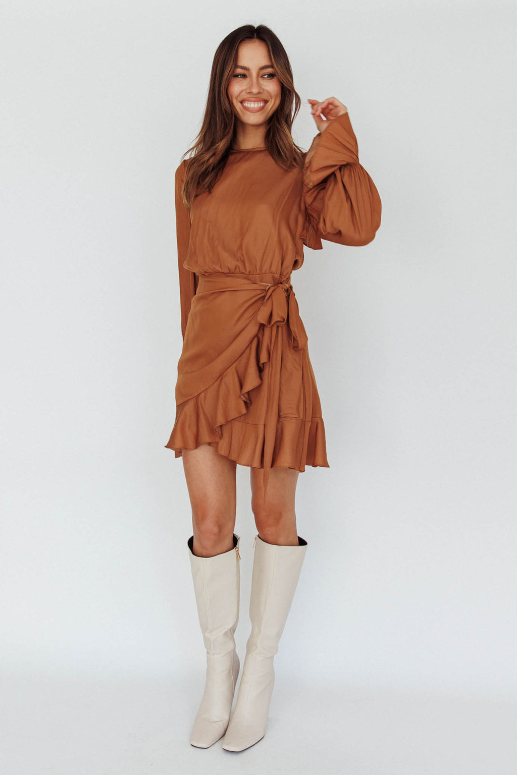 Darla Long Sleeve Satin Dress Tan by Selfie Leslie
