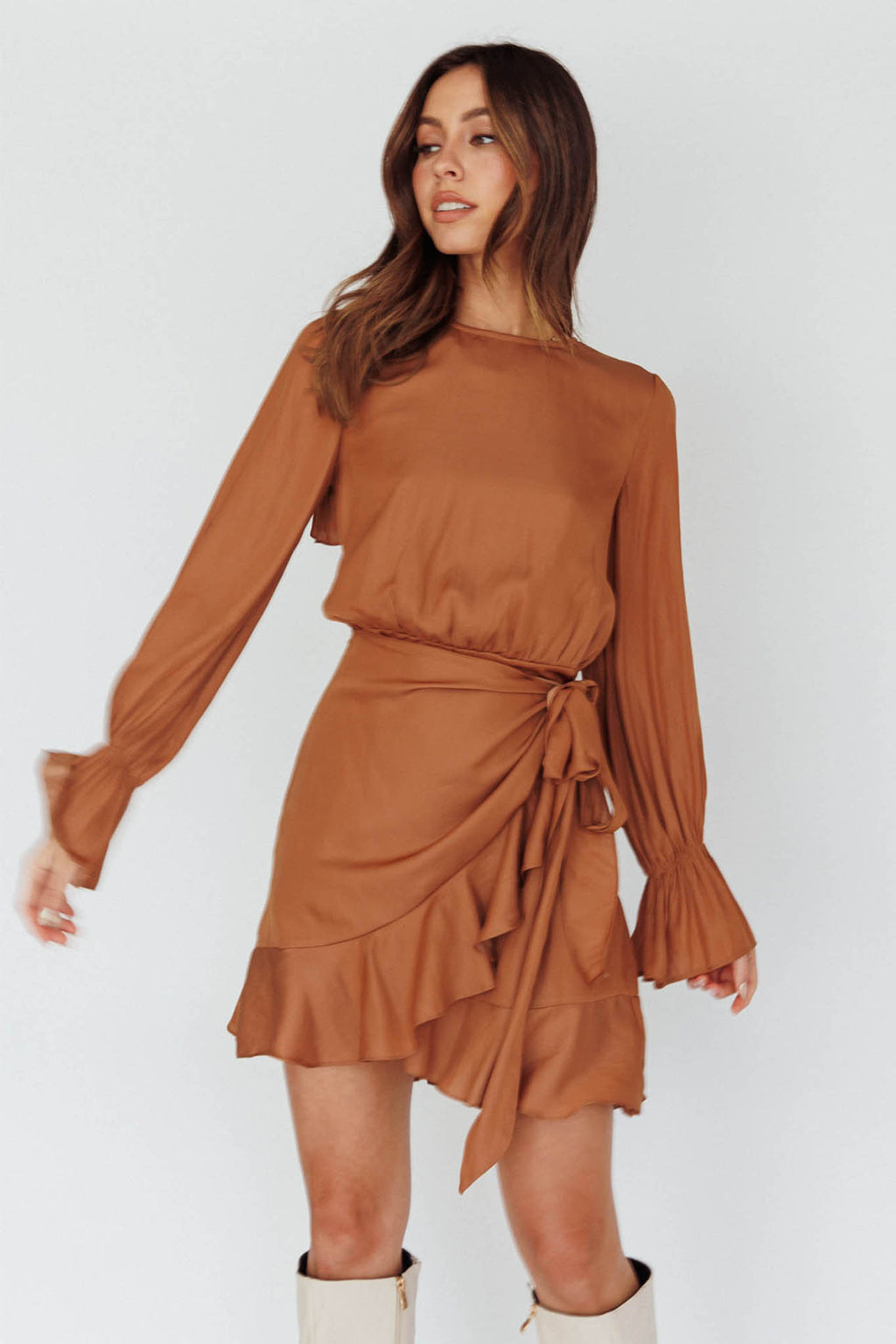 Darla Long Sleeve Satin Dress Tan by Selfie Leslie