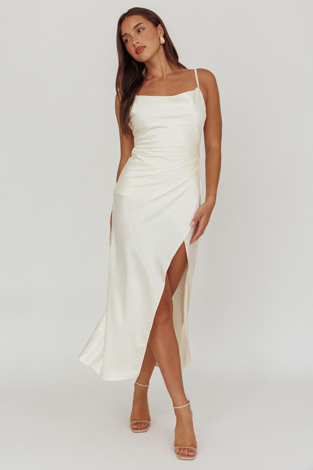 Hey Girl Long Satin Cowl Neck Dress Champagne by Selfie Leslie