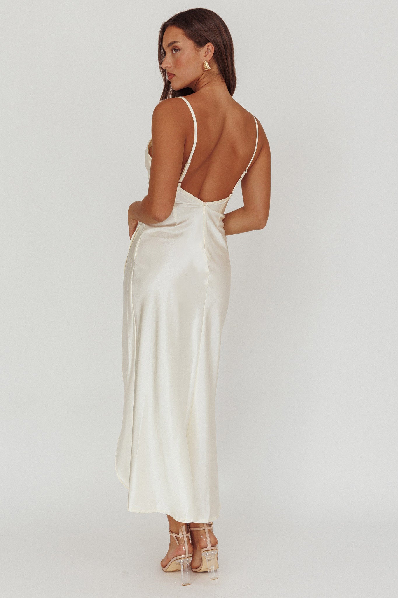 Hey Girl Long Satin Cowl Neck Dress Champagne by Selfie Leslie