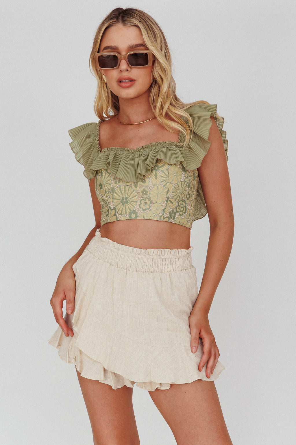 Dreamy On Or Off-Shoulder Frill Crop Top Beige/Olive by Selfie Leslie