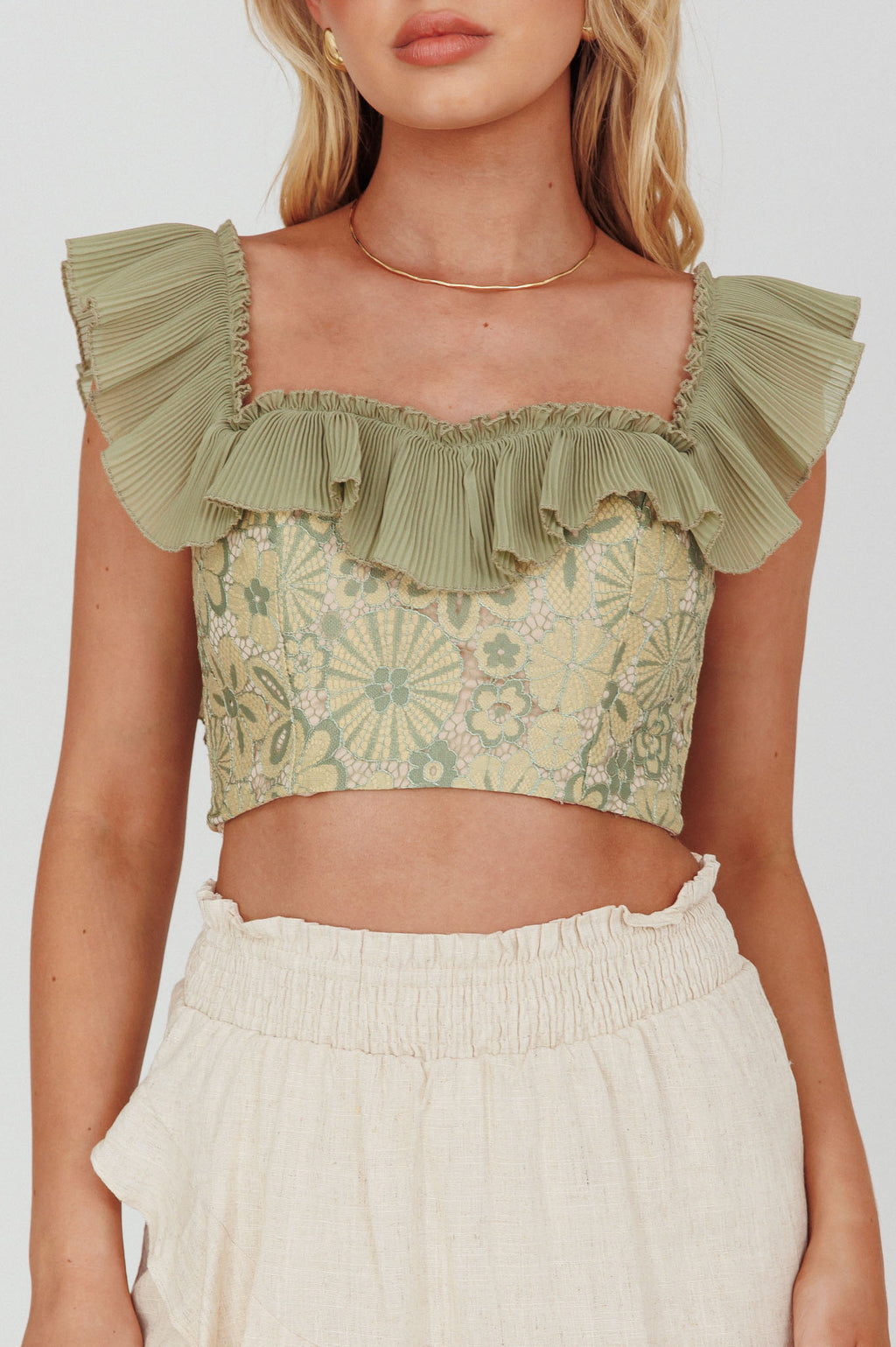 Dreamy On Or Off-Shoulder Frill Crop Top Beige/Olive by Selfie Leslie