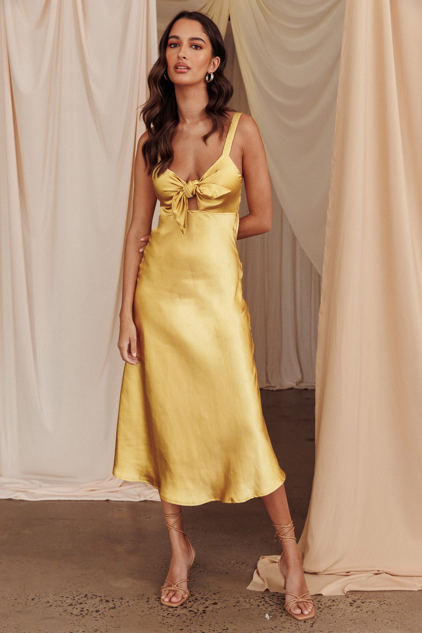 Perfect Day Satin Midi Dress Mustard by Selfie Leslie