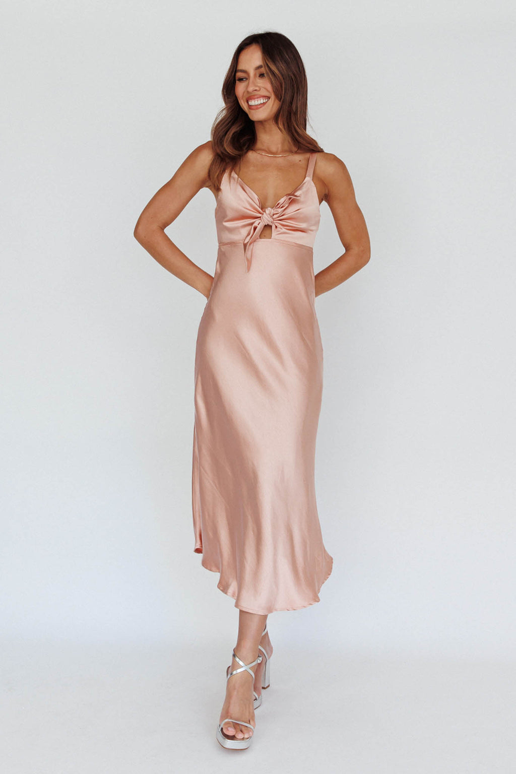 satin dress blush Unique Halter Satin Pleated Side Slit Blush Pink Bridesmaid Dress QB3057 US14 / As Pic