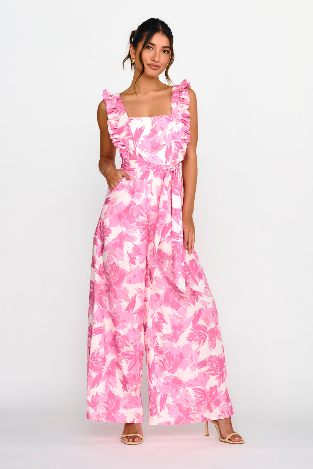 All For Love Square Neckline Ruffle Strap Jumpsuit Floral Pink by Selfie Leslie