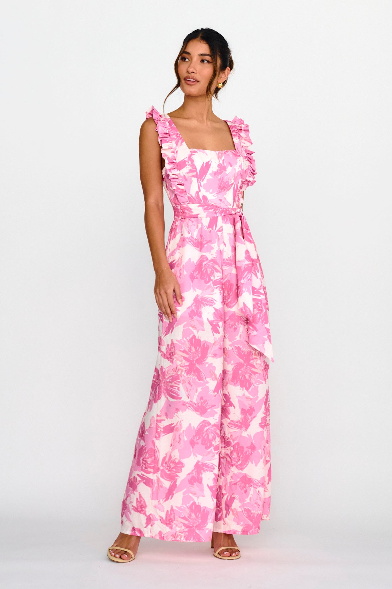 All For Love Square Neckline Ruffle Strap Jumpsuit Blush