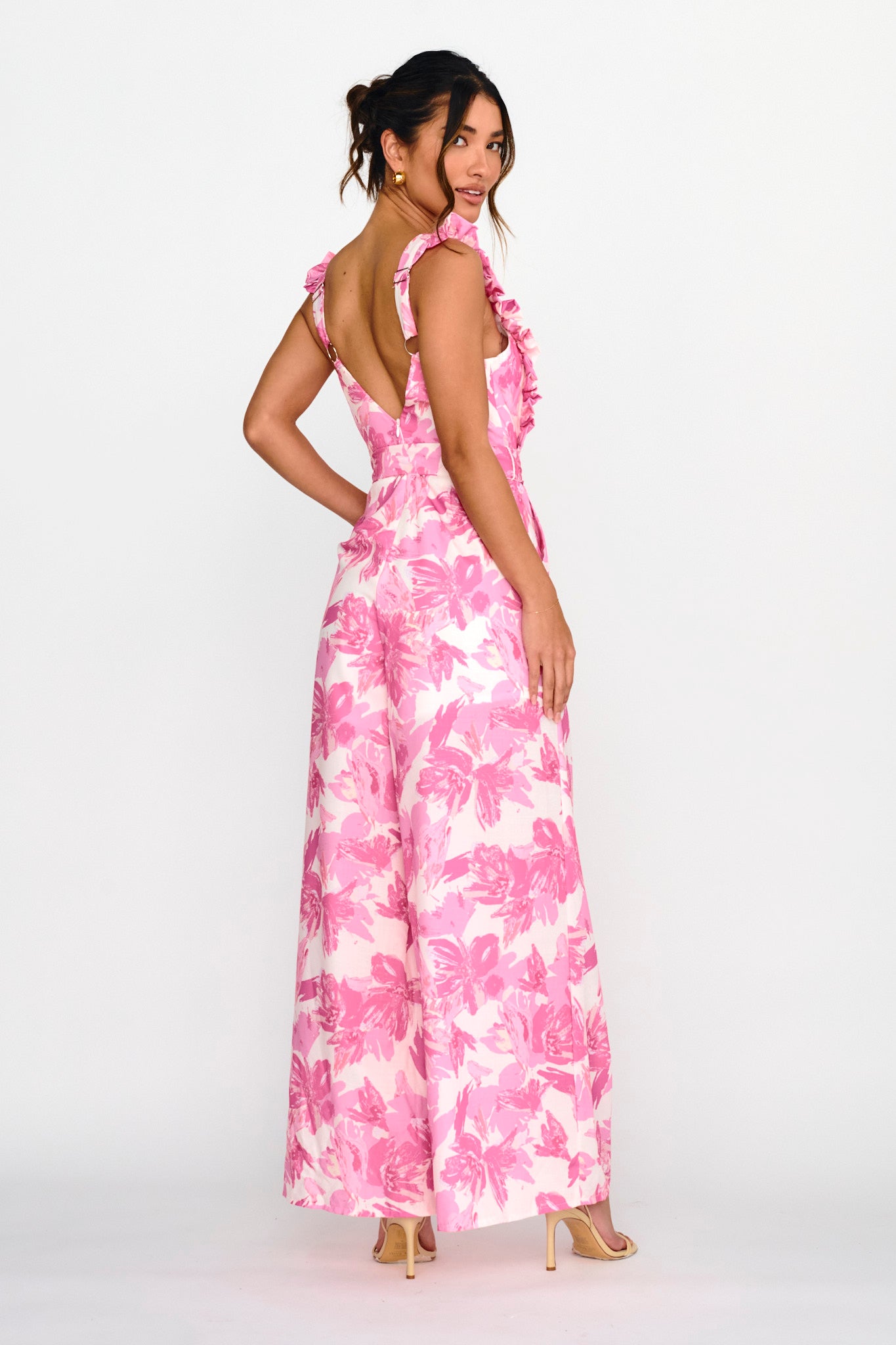 All For Love Square Neckline Ruffle Strap Jumpsuit Floral Pink by Selfie Leslie
