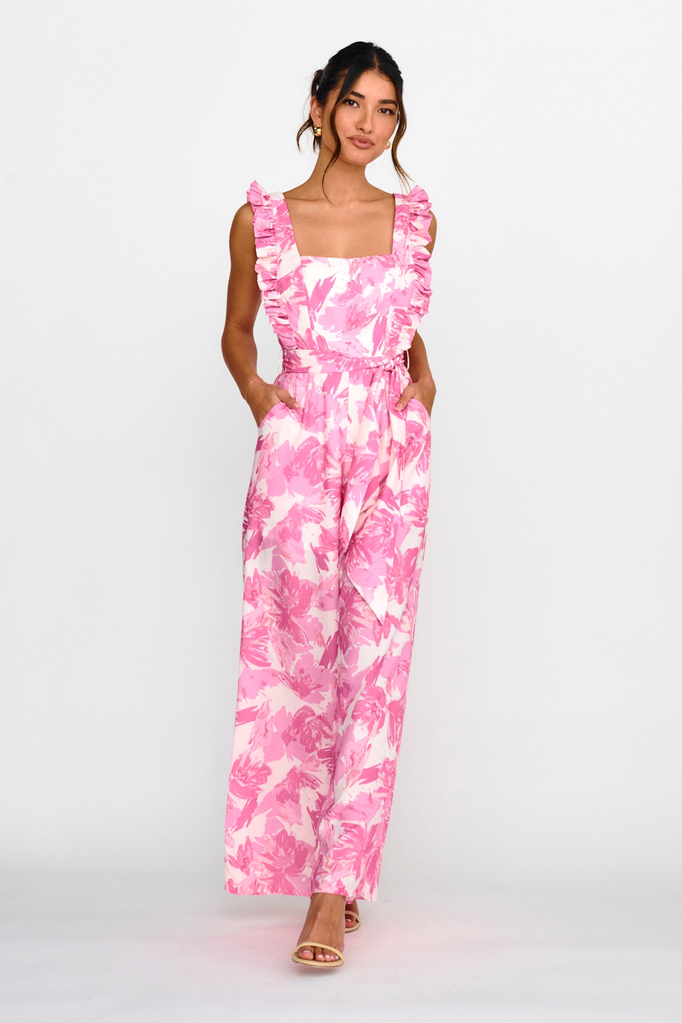 All For Love Square Neckline Ruffle Strap Jumpsuit Floral Pink by Selfie Leslie