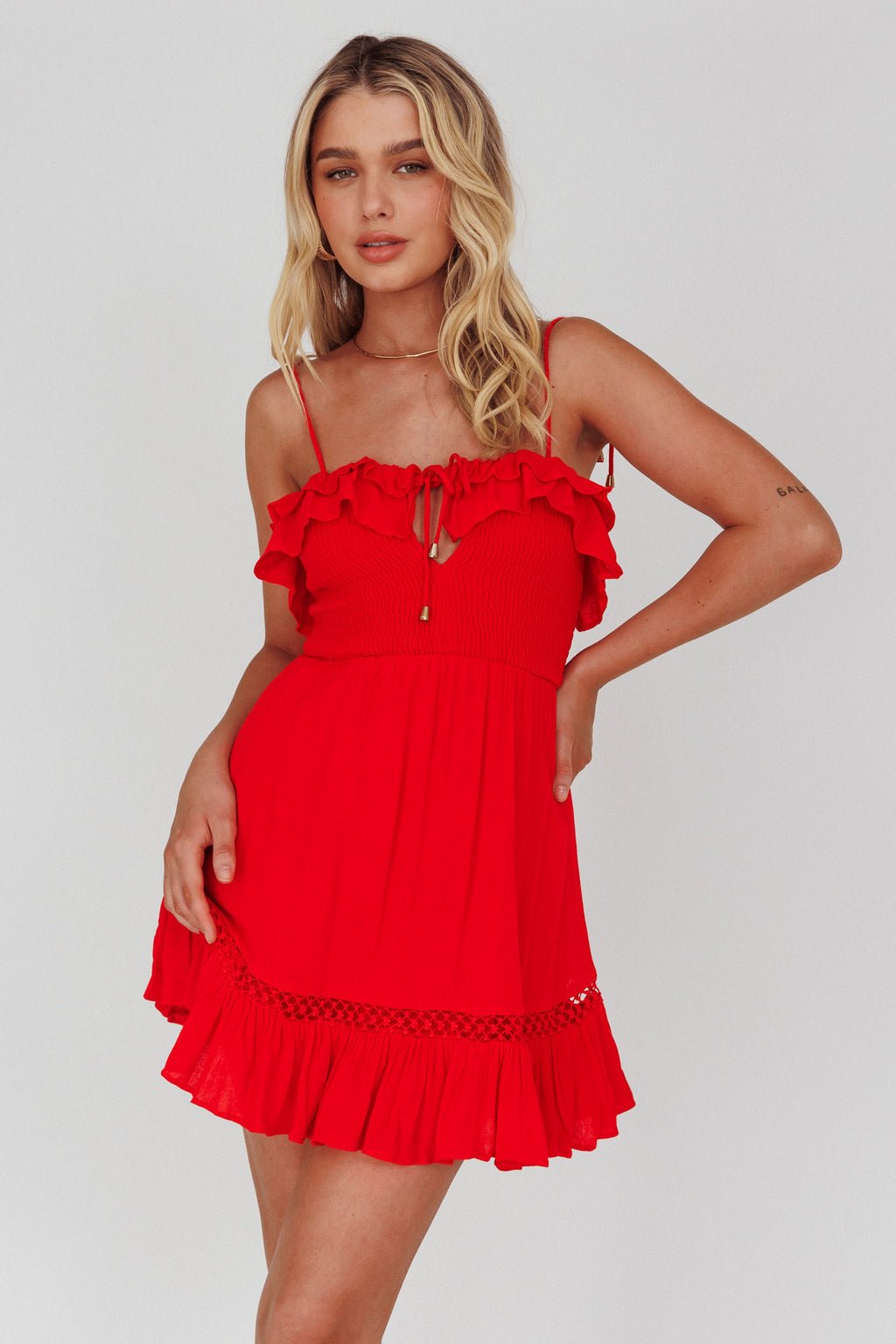 Daydream Shirred Bust Frill Trim Mini Dress Red by Selfie Leslie