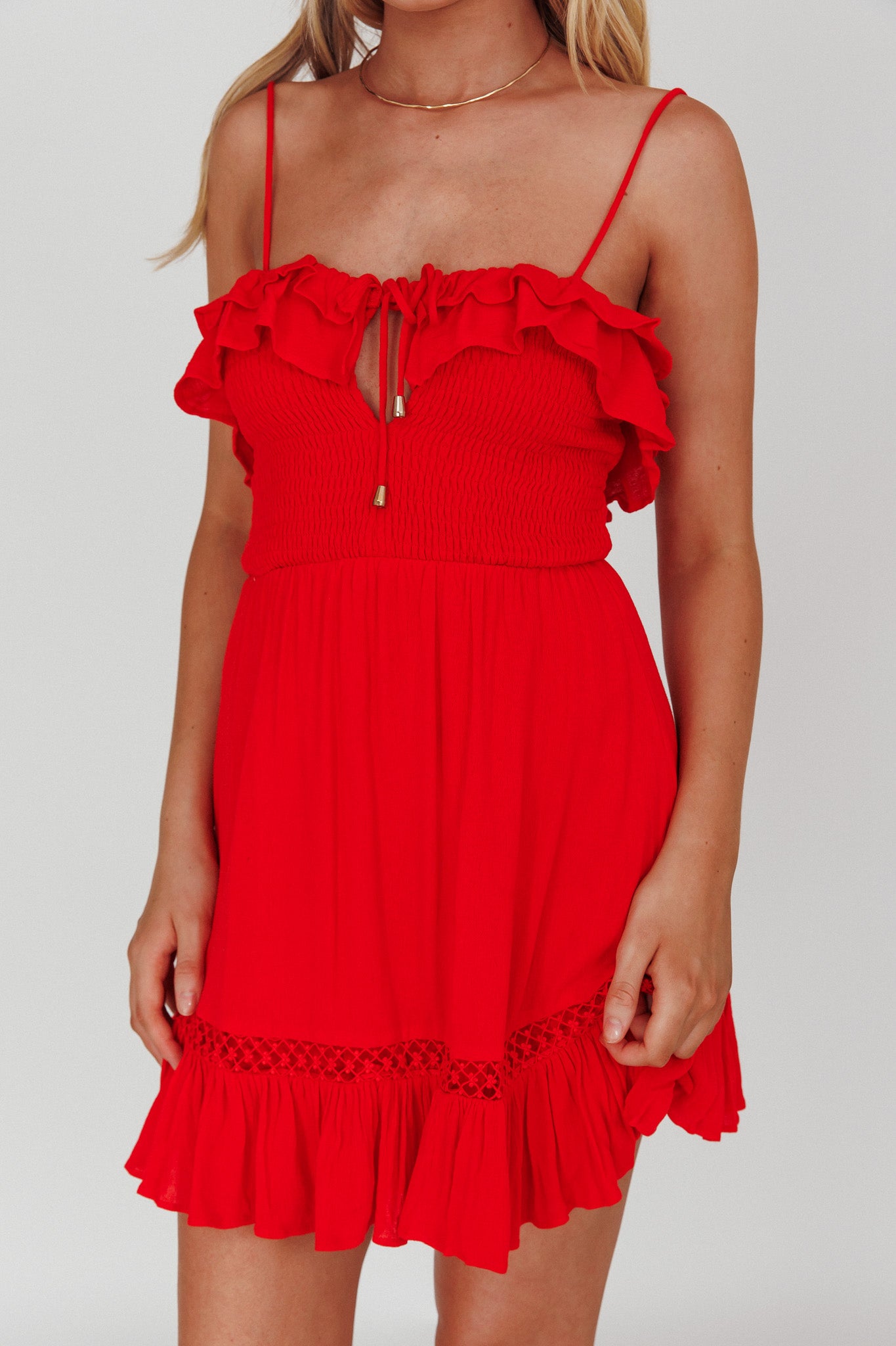 Daydream Shirred Bust Frill Trim Mini Dress Red by Selfie Leslie
