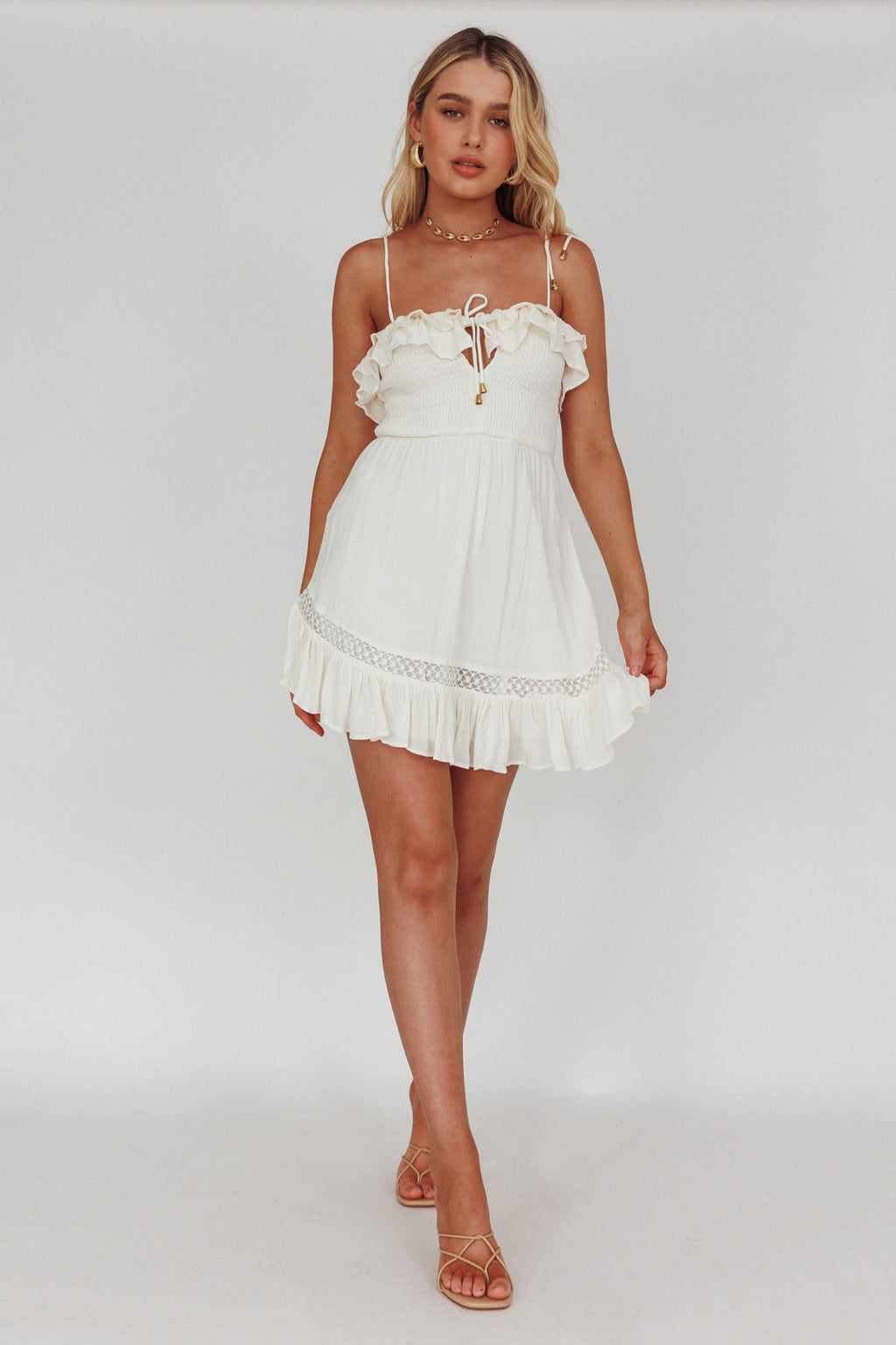 Daydream Shirred Bust Frill Trim Mini Dress White by Selfie Leslie