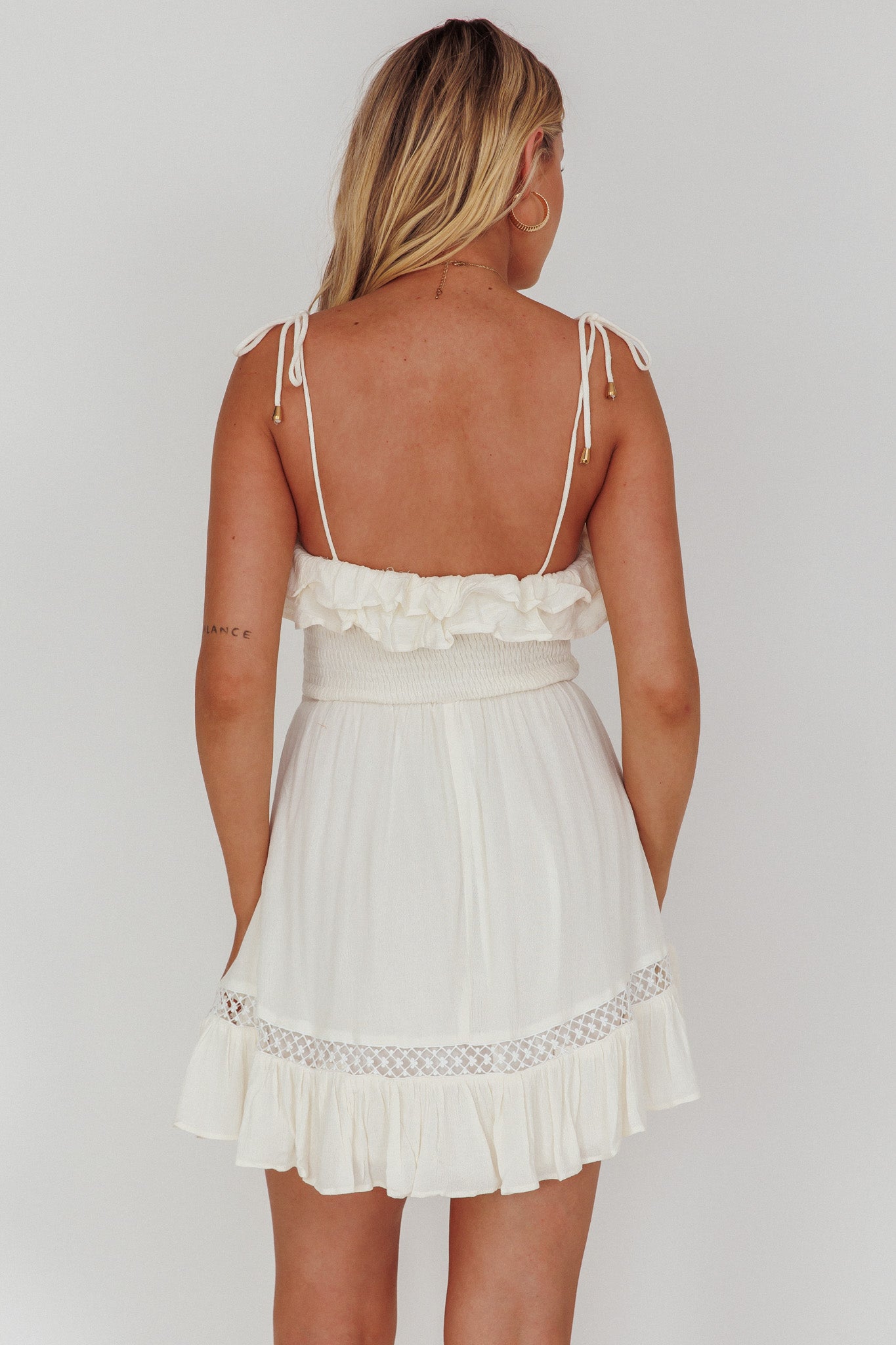 Daydream Shirred Bust Frill Trim Mini Dress White by Selfie Leslie