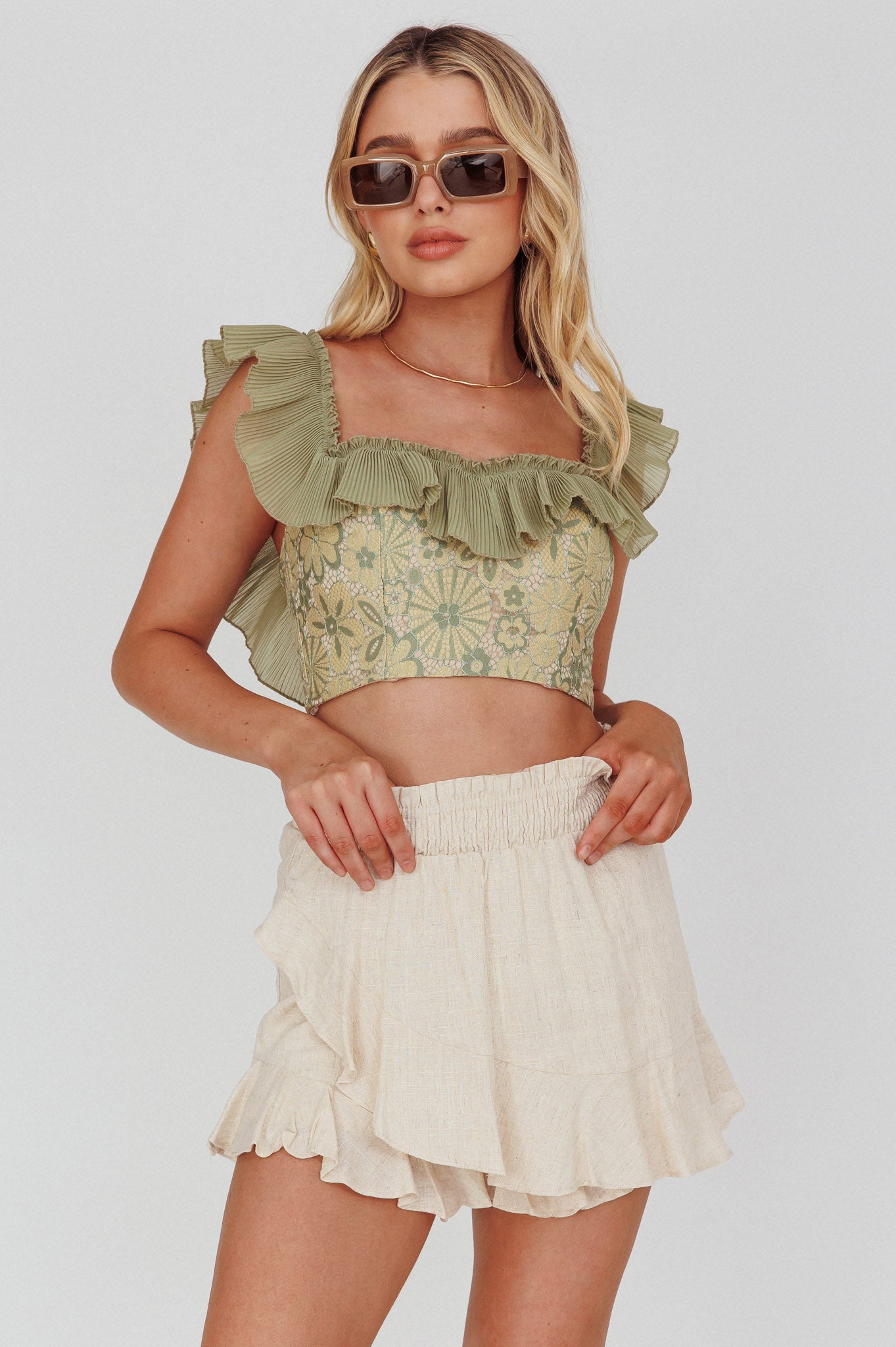 You Got It Tied Ruffle Skort Natural by Selfie Leslie