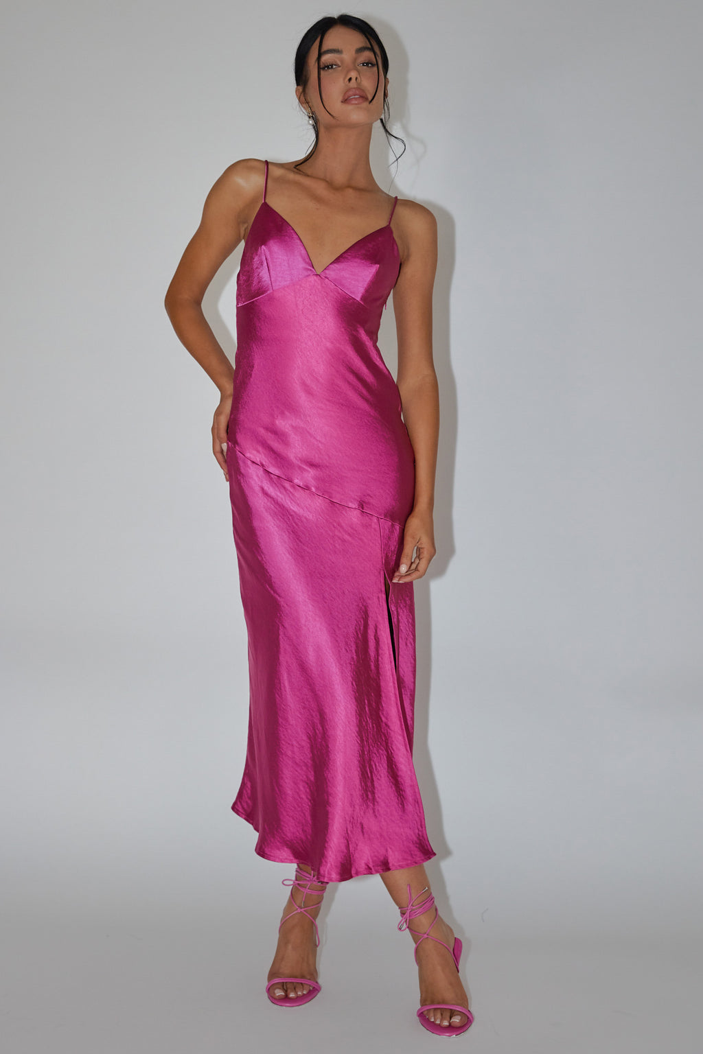 Downtown Cami Strap Front Split Midi Dress Fuchsia by Selfie Leslie