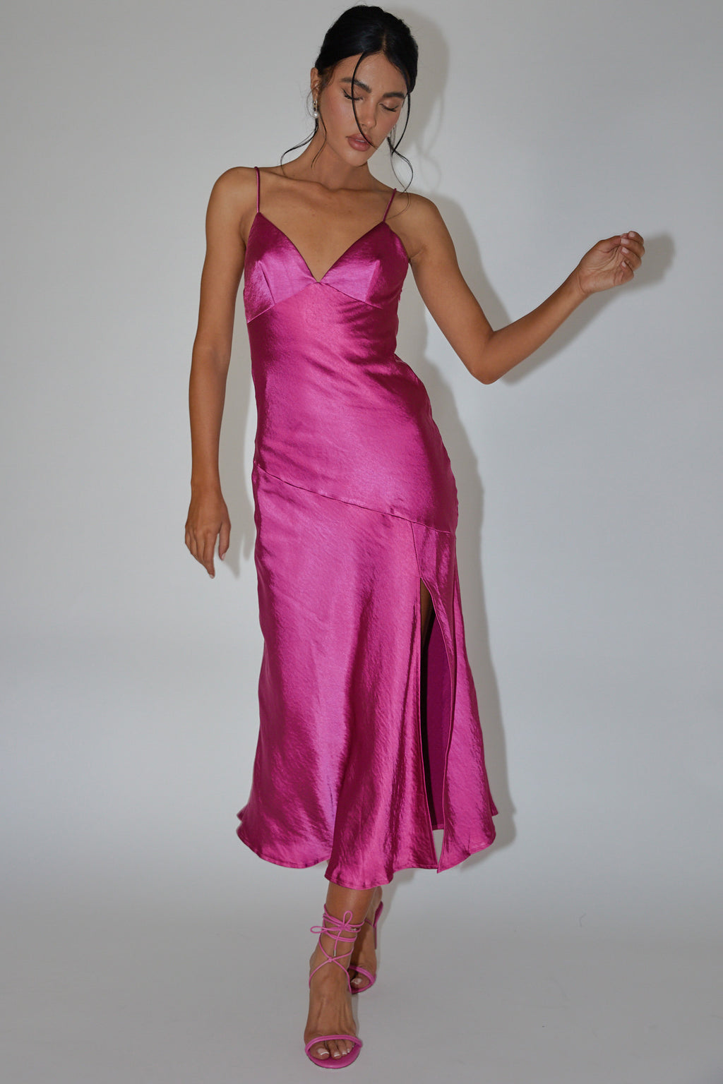 Downtown Cami Strap Front Split Midi Dress Fuchsia by Selfie Leslie