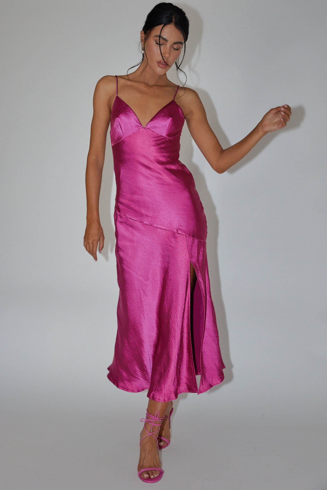 Downtown Cami Strap Front Split Midi Dress Fuchsia by Selfie Leslie