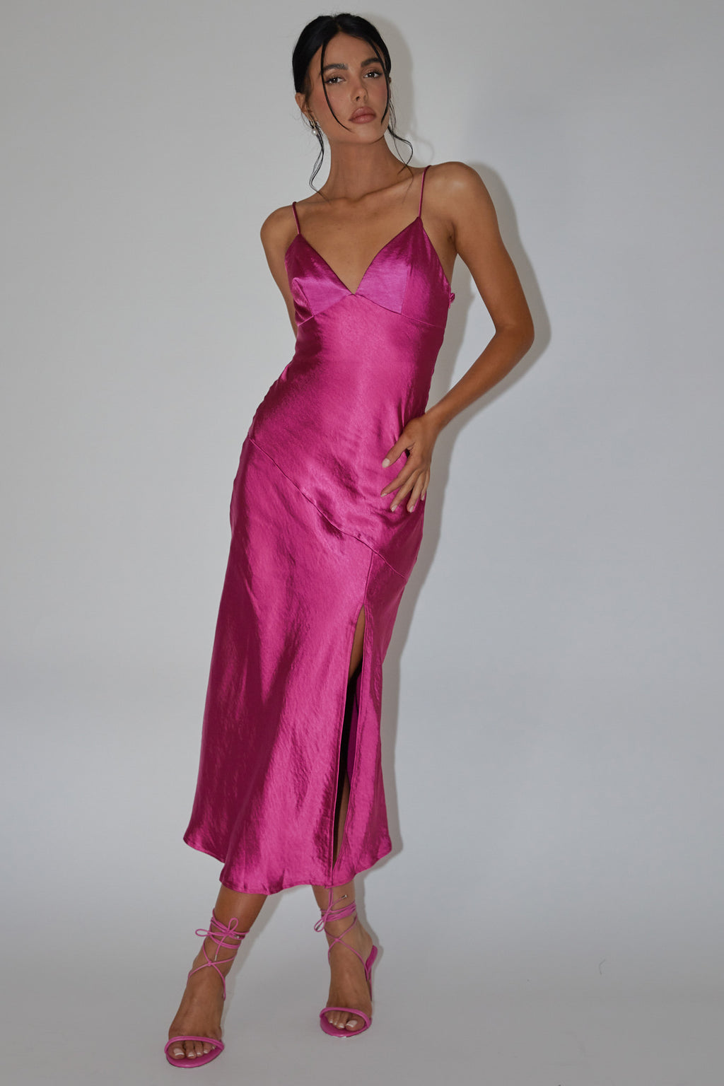 Downtown Cami Strap Front Split Midi Dress Fuchsia by Selfie Leslie