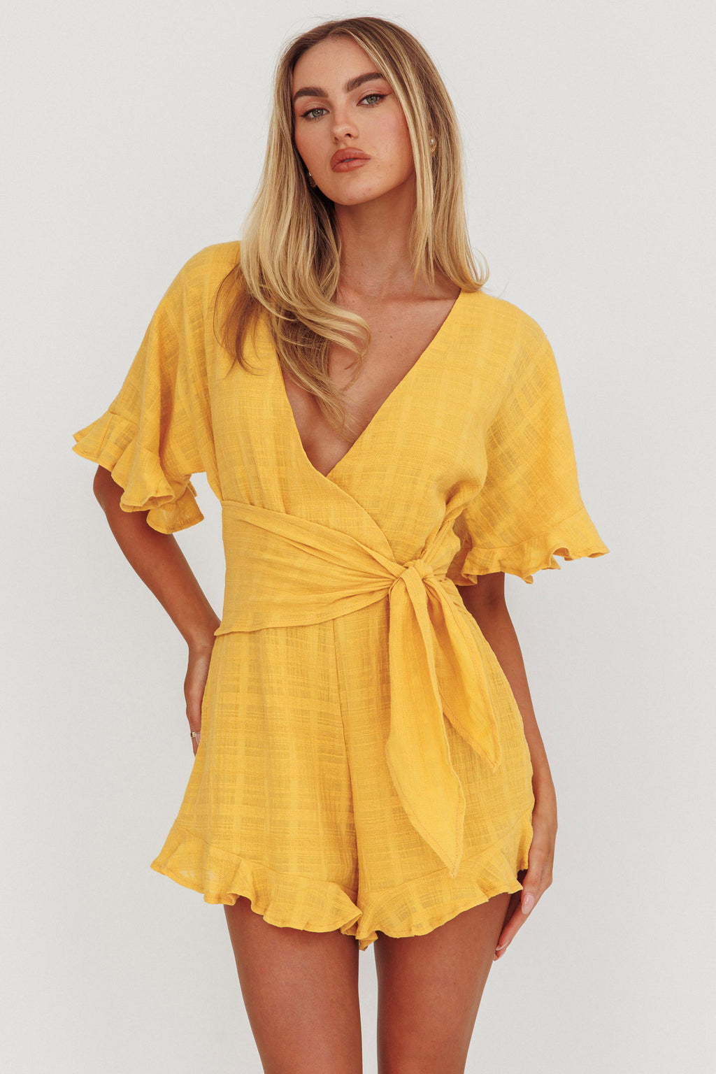 Karin Frill Trim Waist Tie Romper Mustard by Selfie Leslie