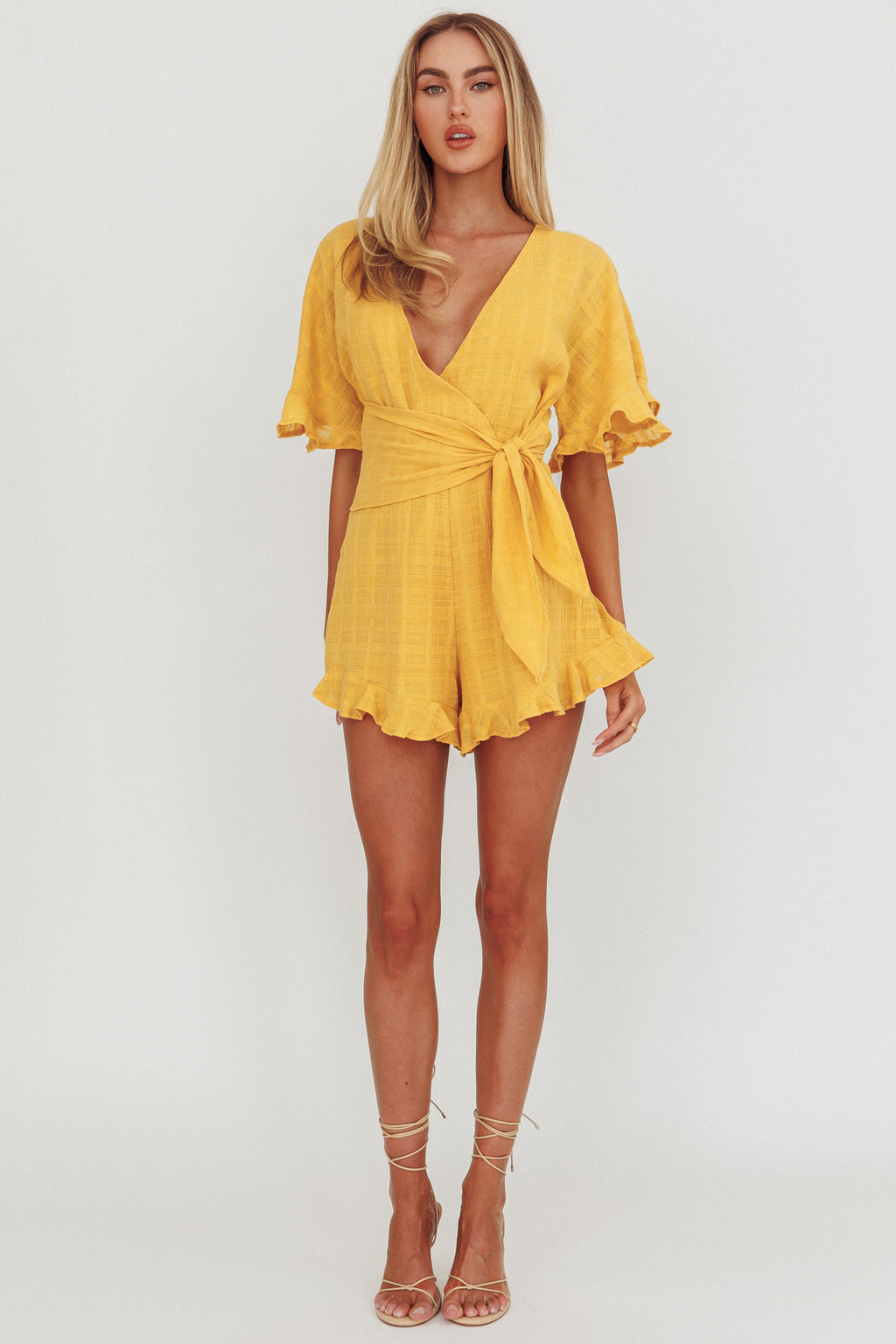 Karin Frill Trim Waist Tie Romper Mustard by Selfie Leslie