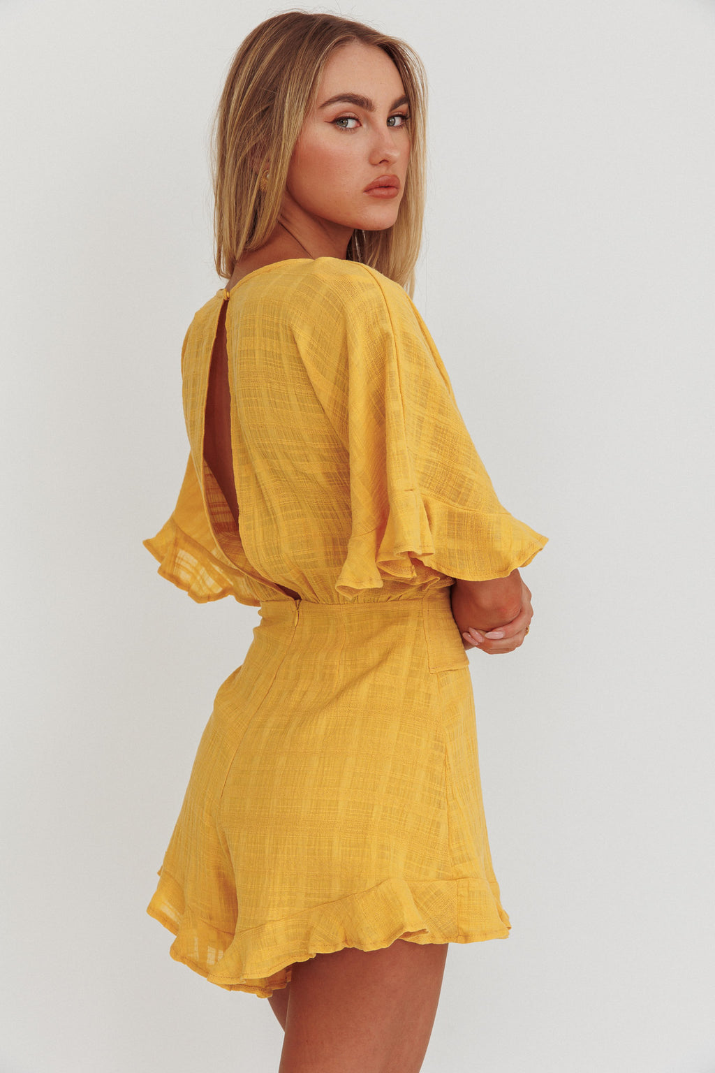 Karin Frill Trim Waist Tie Romper Mustard by Selfie Leslie
