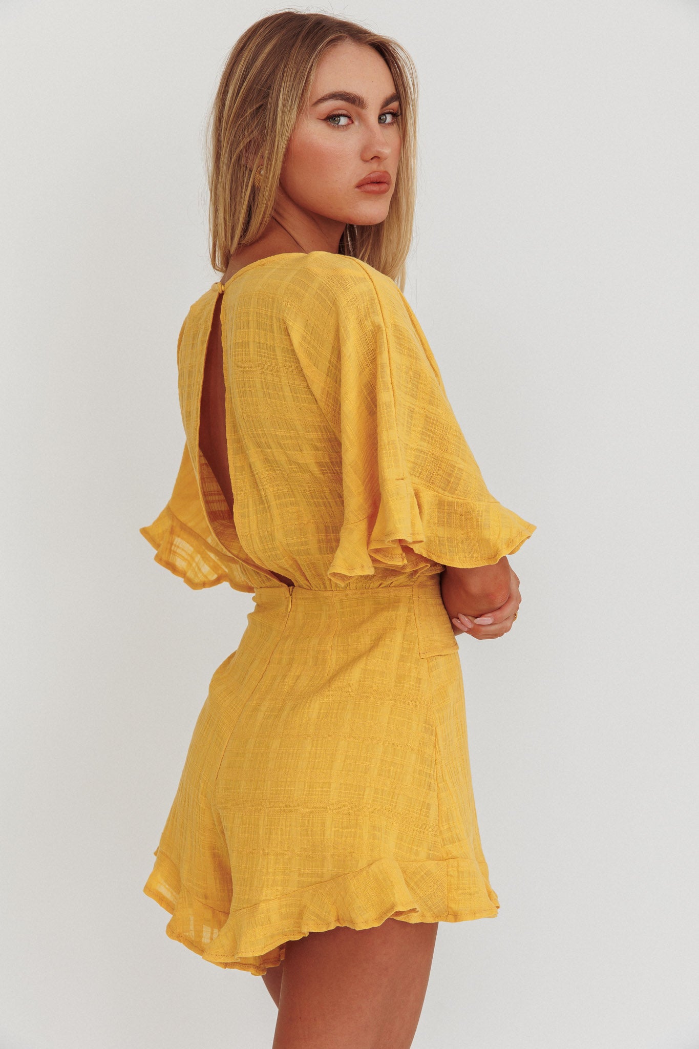 mustard yellow romper dress Karin Frill Trim Waist Tie Romper Mustard
