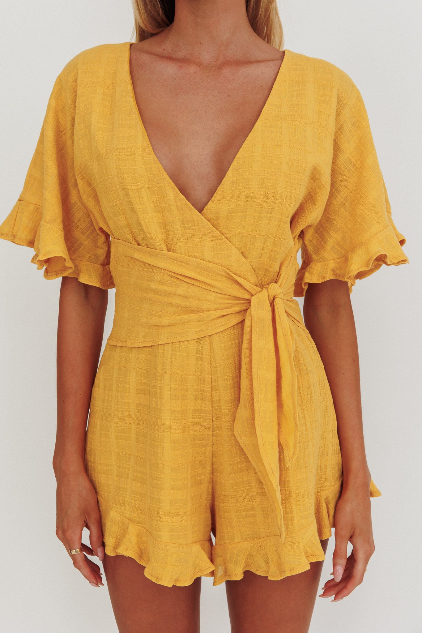 Karin Frill Trim Waist Tie Romper Mustard by Selfie Leslie