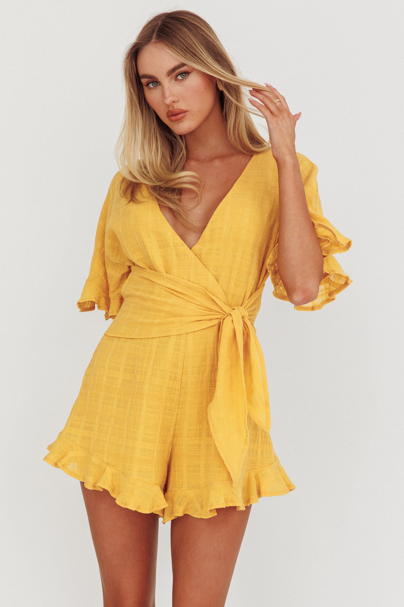 Karin Frill Trim Waist Tie Romper Mustard by Selfie Leslie