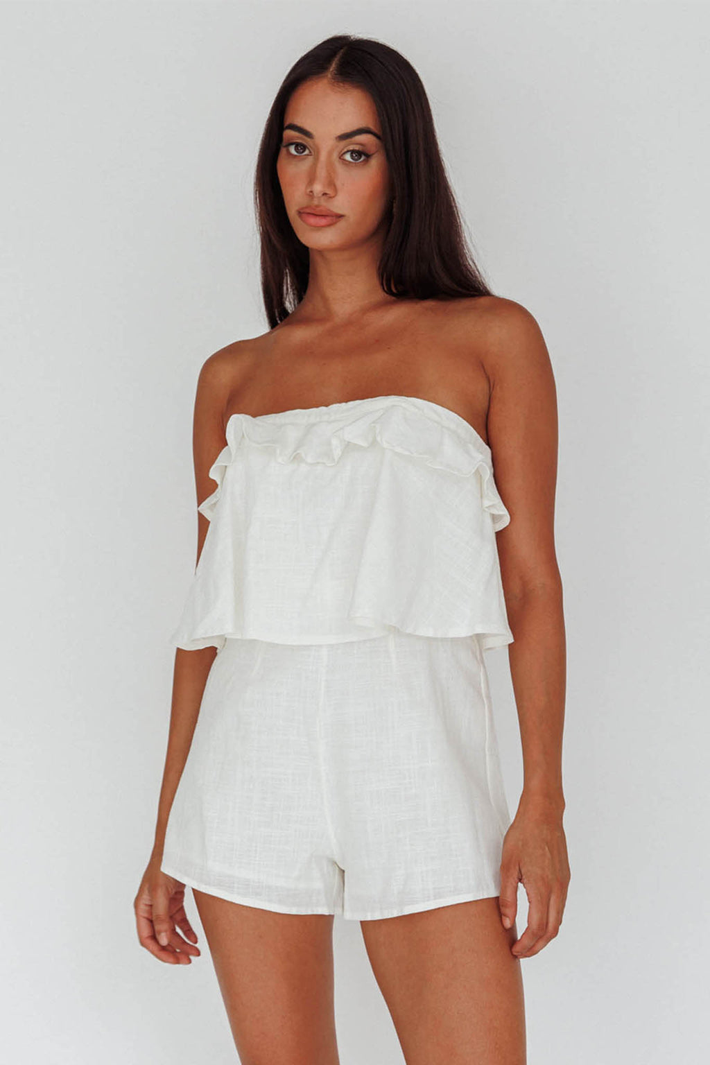 Joey Strapless Tie-Back Romper White by Selfie Leslie