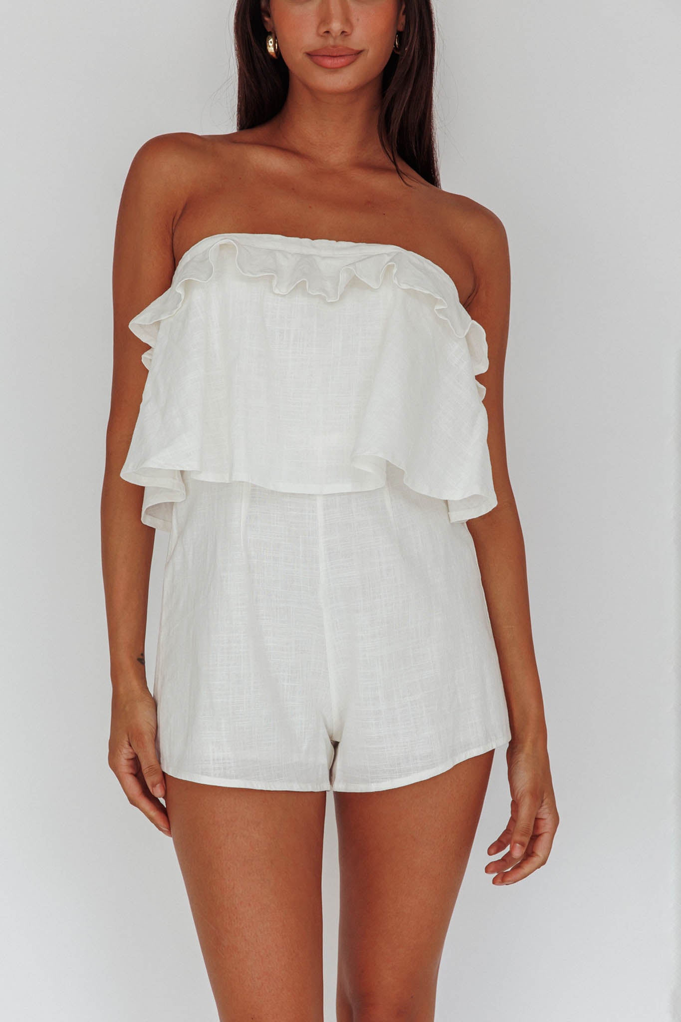 Joey Strapless Tie-Back Romper White by Selfie Leslie