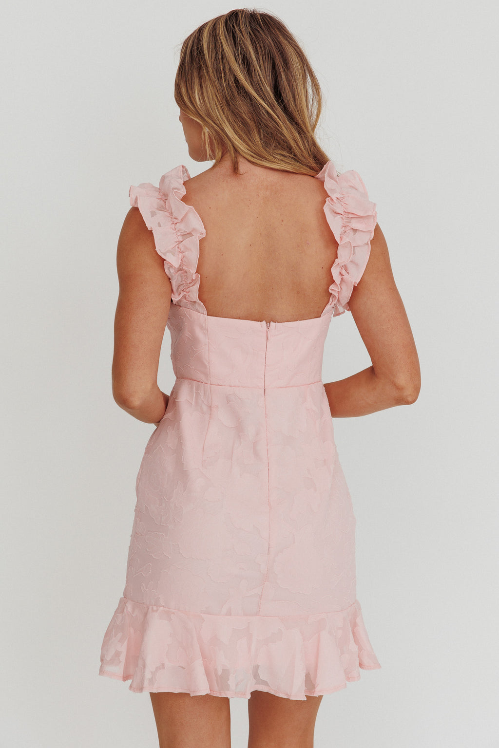 Annie Ruffle Shoulder Mini Dress Pink by Selfie Leslie