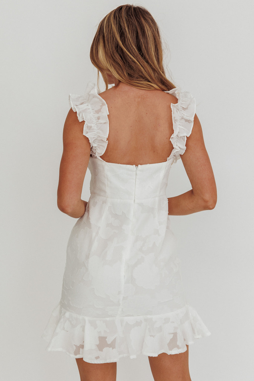 Annie Ruffle Shoulder Mini Dress White by Selfie Leslie