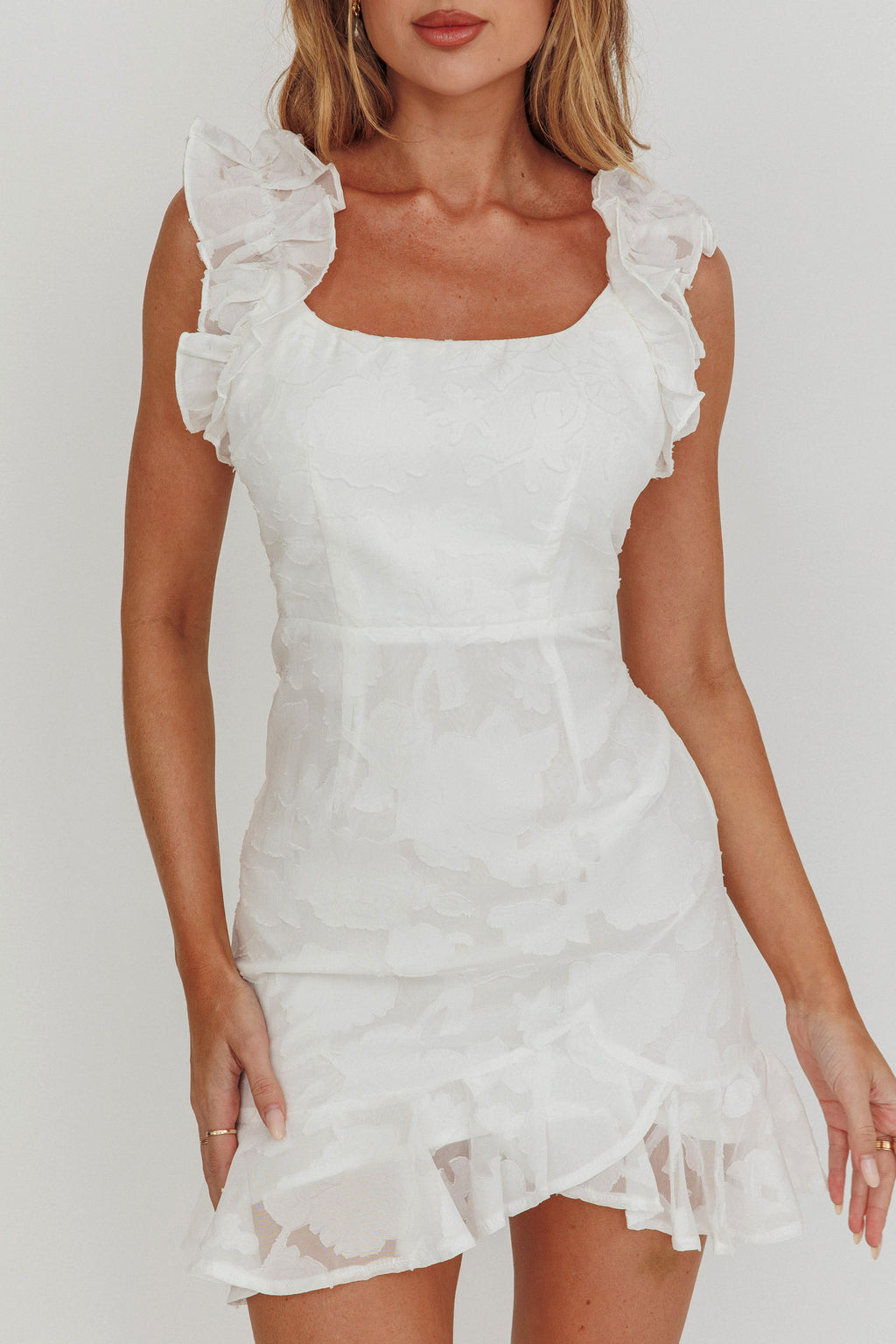 Annie Ruffle Shoulder Mini Dress White by Selfie Leslie