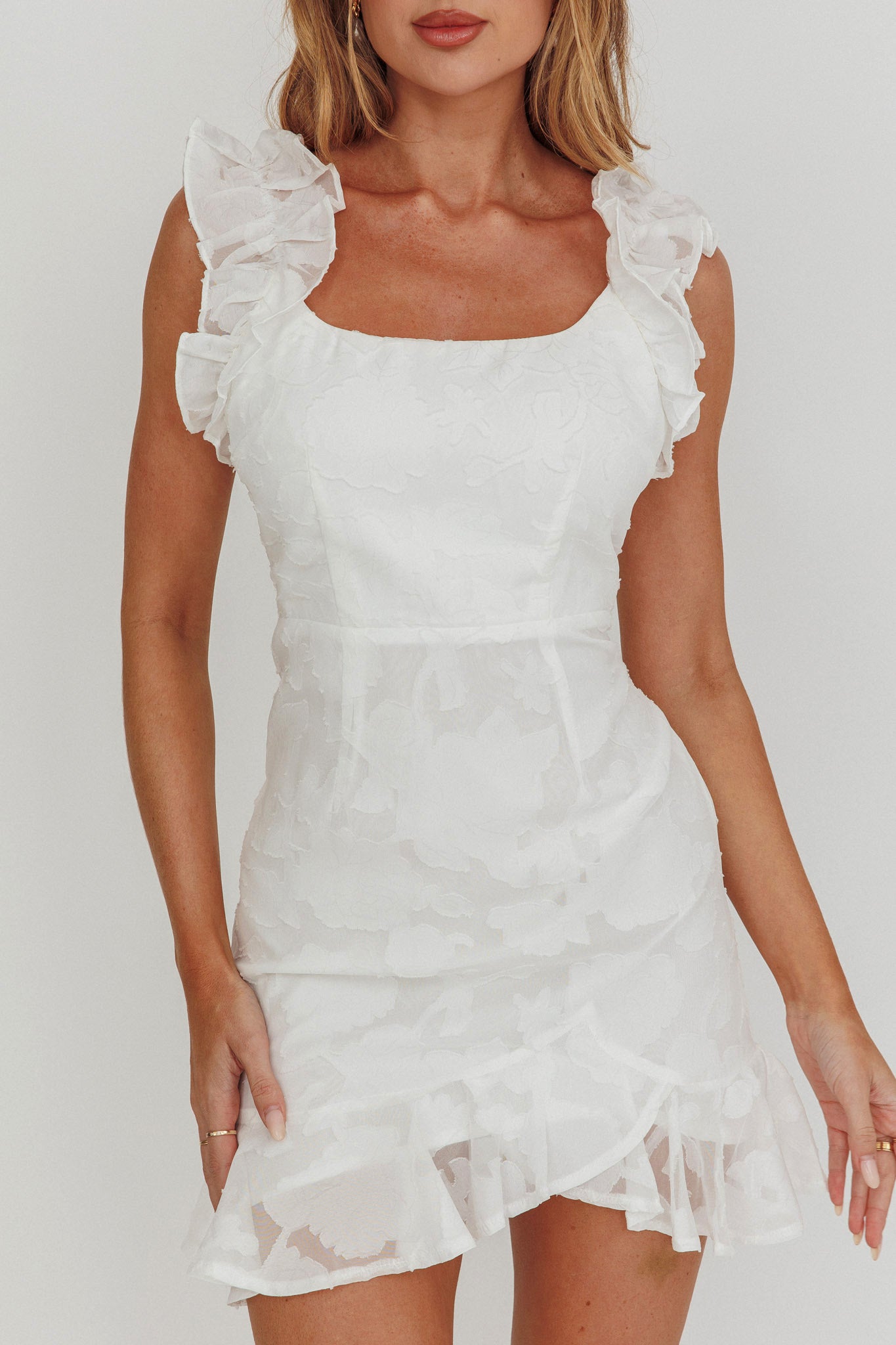 Annie Ruffle Shoulder Mini Dress White by Selfie Leslie