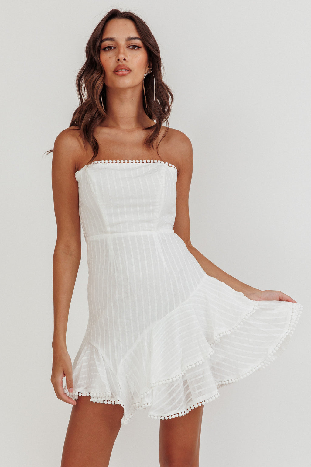Candy Strapless Layered Ruffle Hem Dress White by Selfie Leslie