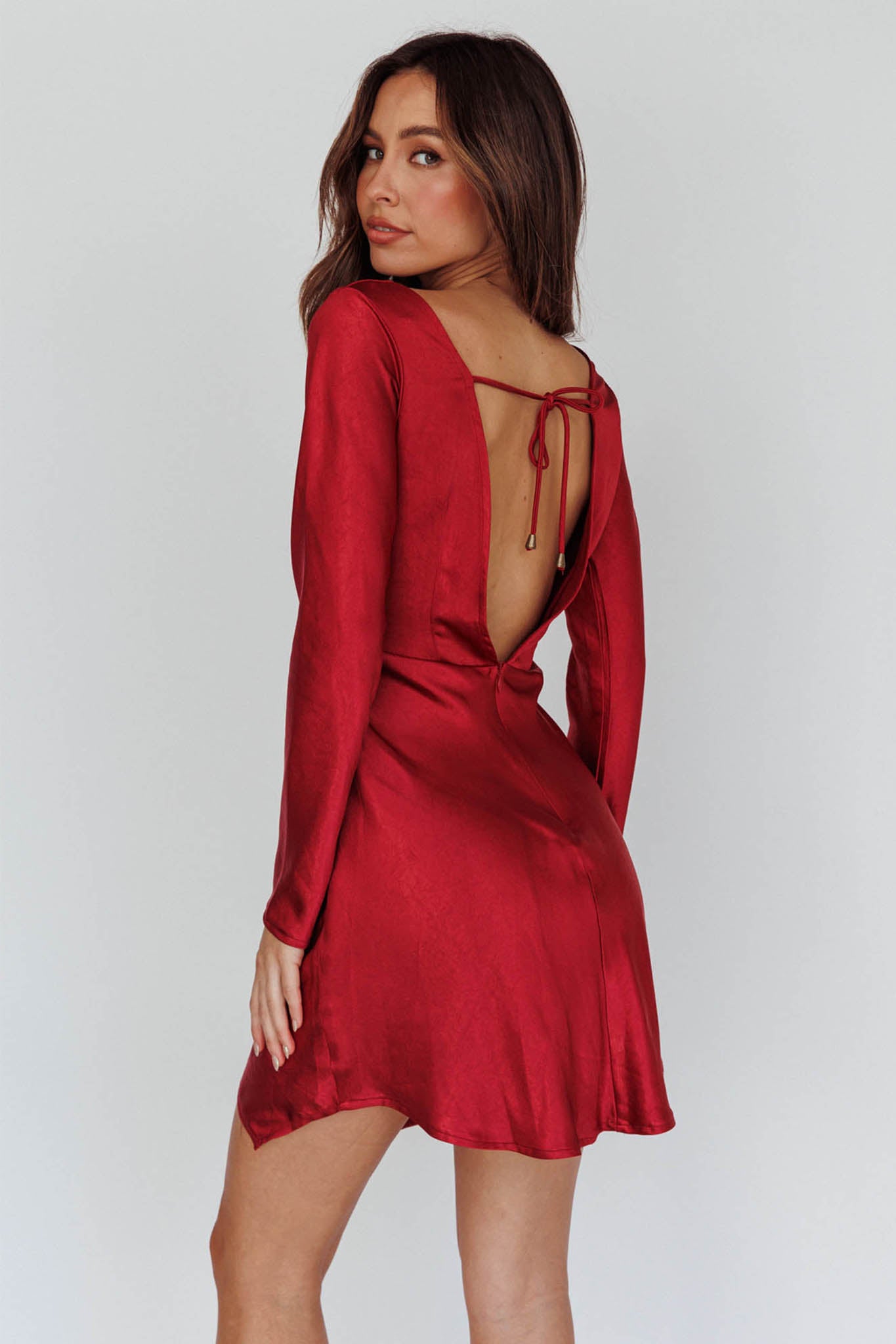 Thank Me Later Long Sleeve Open Back Dress Wine by Selfie Leslie
