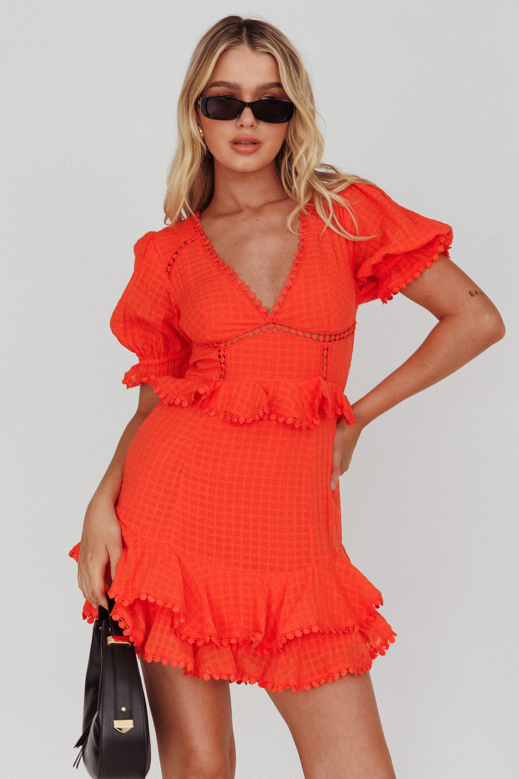 Preston Puff Sleeve Crochet Trim Dress Coral by Selfie Leslie