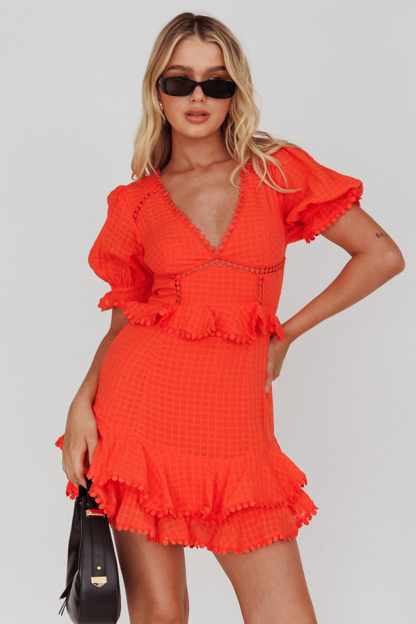 Preston Puff Sleeve Crochet Trim Dress Coral by Selfie Leslie