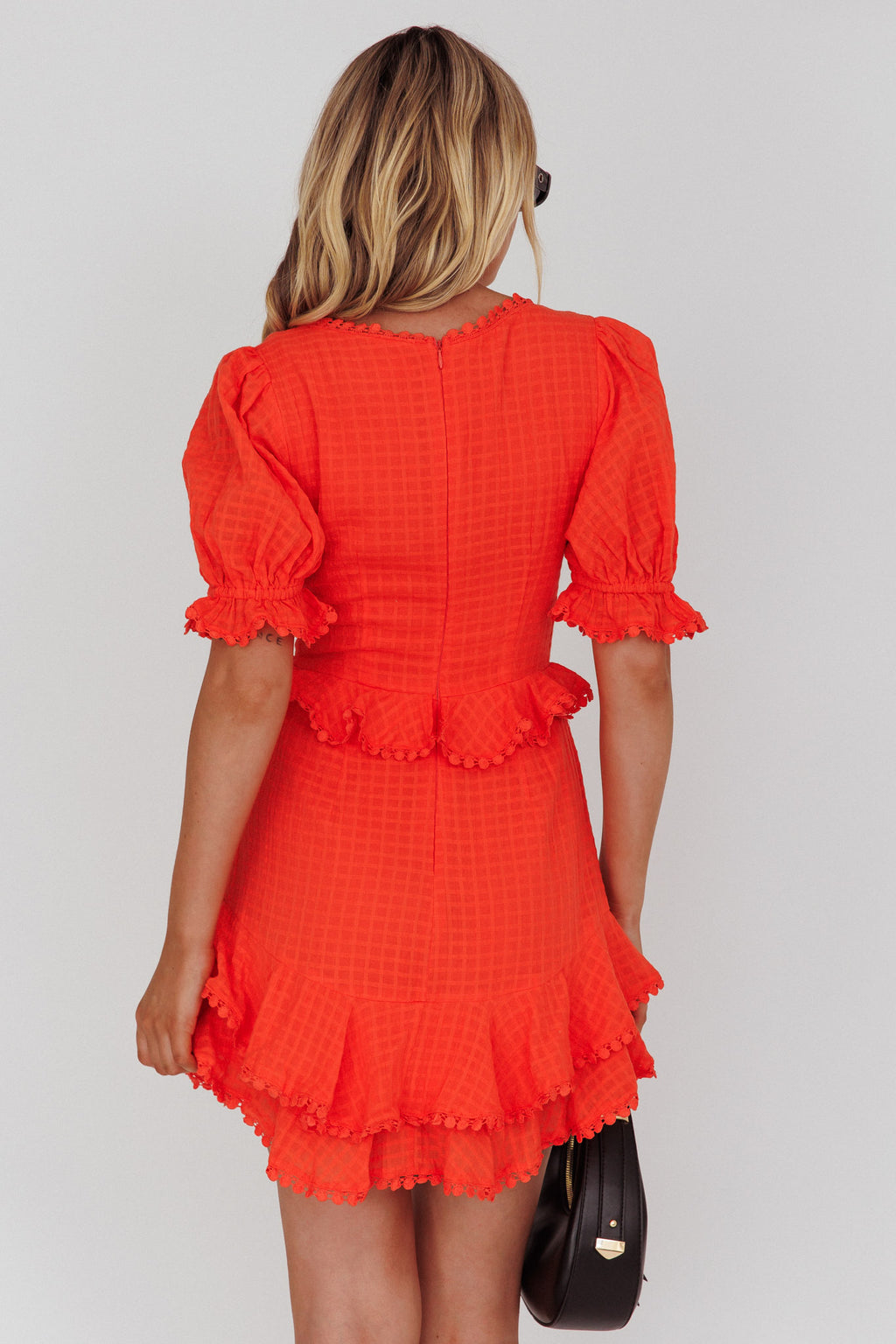 Preston Puff Sleeve Crochet Trim Dress Coral by Selfie Leslie