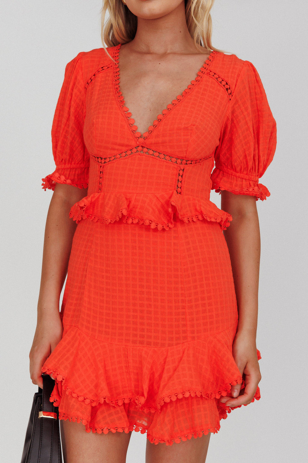Preston Puff Sleeve Crochet Trim Dress Coral by Selfie Leslie