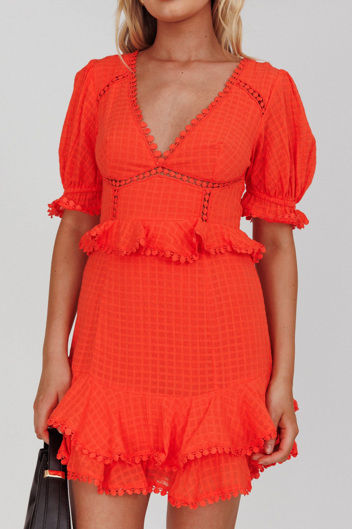Preston Puff Sleeve Crochet Trim Dress Coral by Selfie Leslie