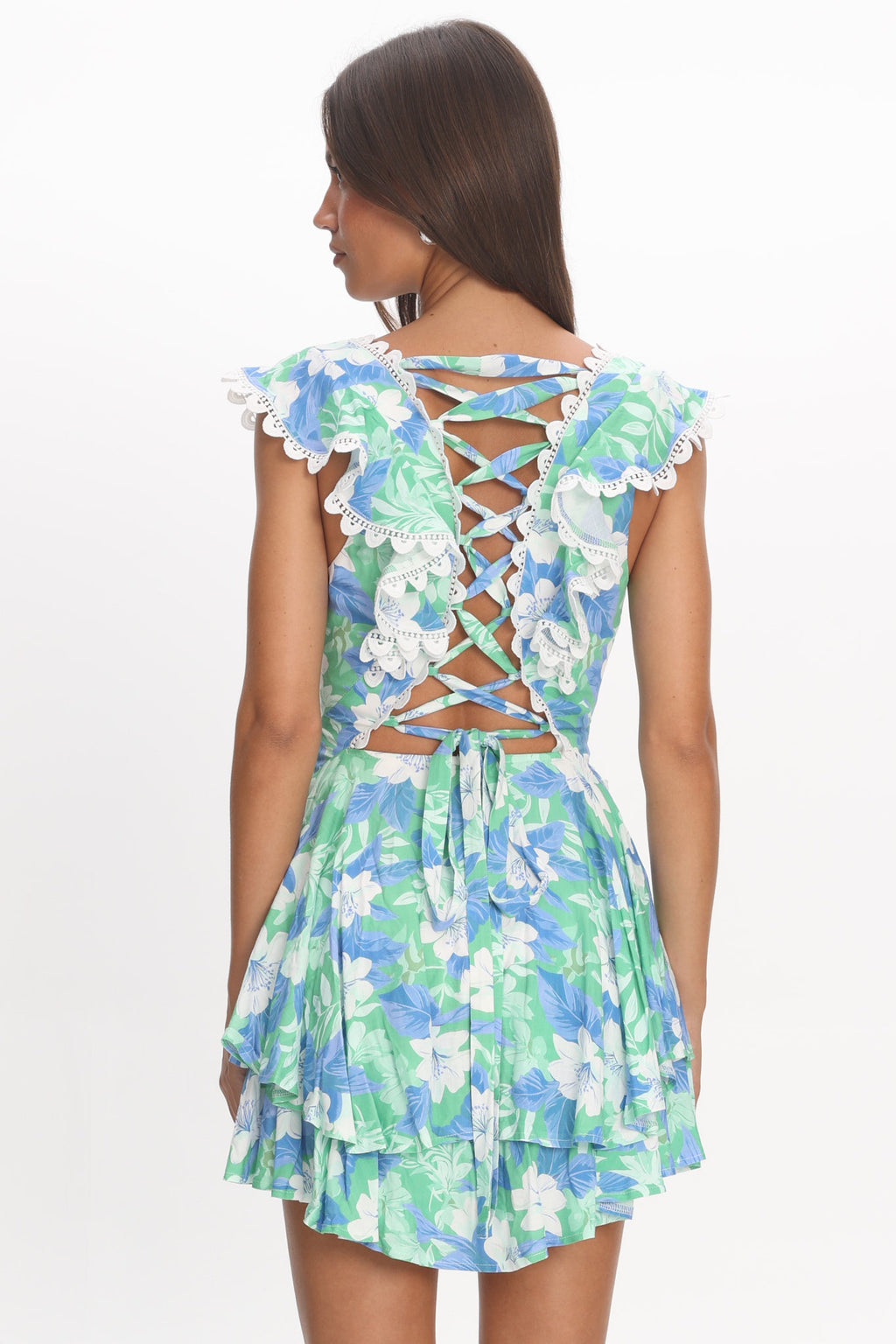 Charade Ruffle Shoulder Corset Back Dress Floral Green by Selfie Leslie