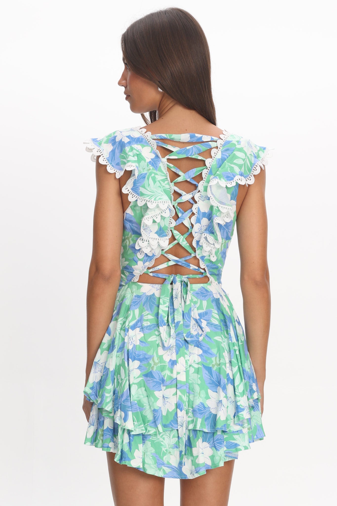 Charade Ruffle Shoulder Corset Back Dress Floral Green by Selfie Leslie