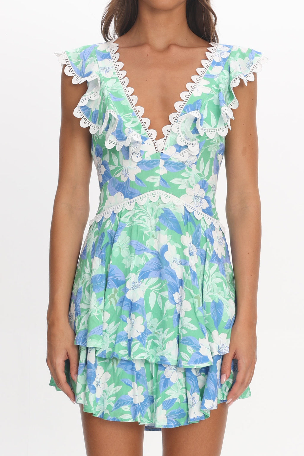 Charade Ruffle Shoulder Corset Back Dress Floral Green by Selfie Leslie