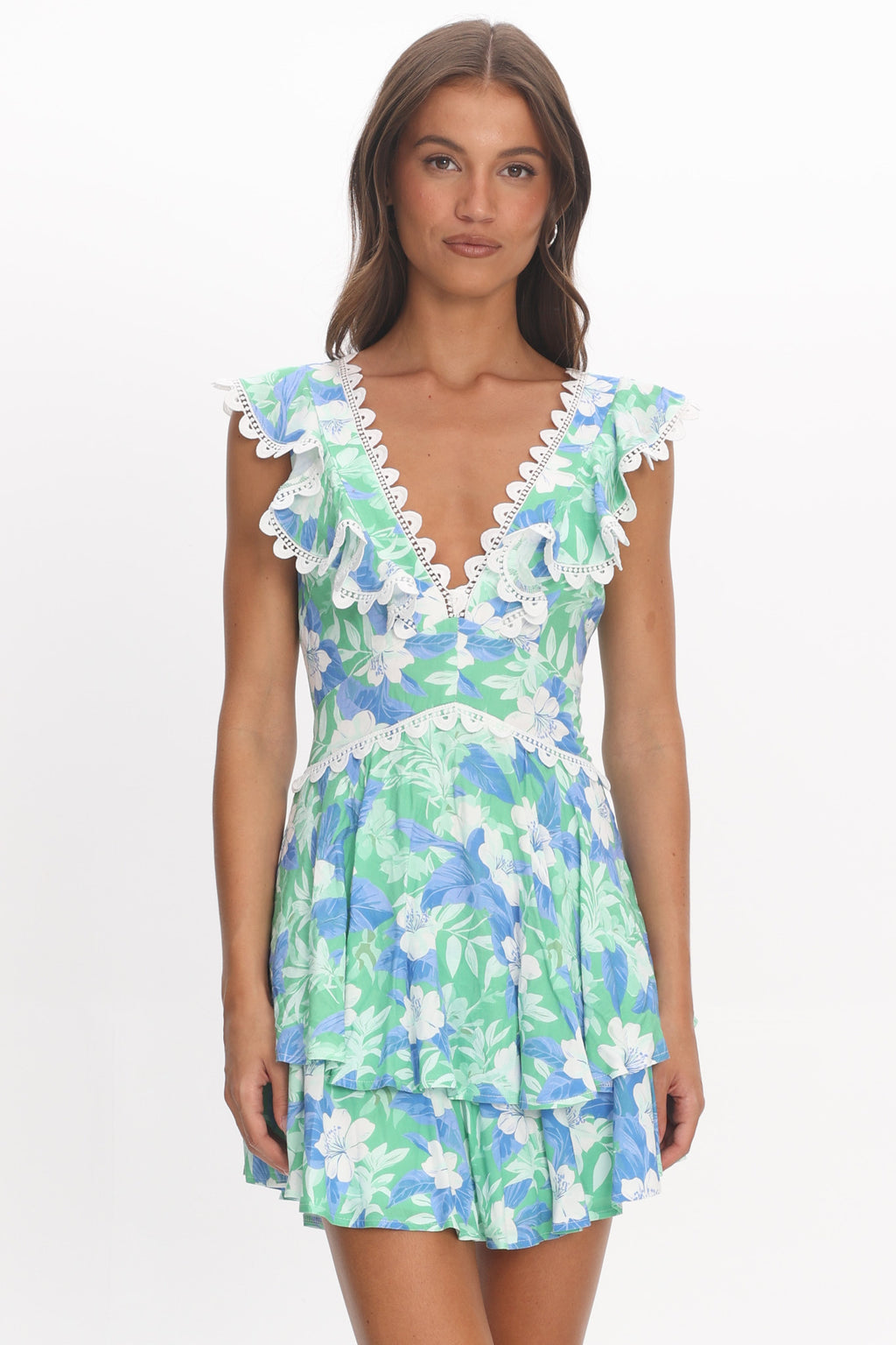 Charade Ruffle Shoulder Corset Back Dress Floral Green by Selfie Leslie