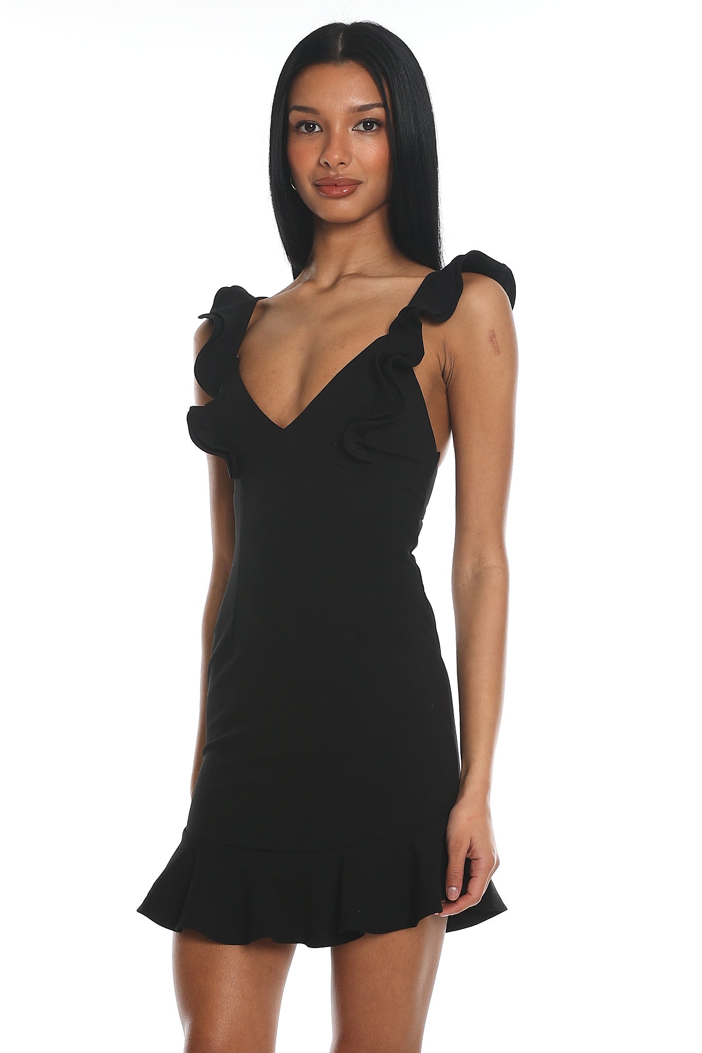Moonlit Night Ruffle Strap Cut-Out Back Dress Black