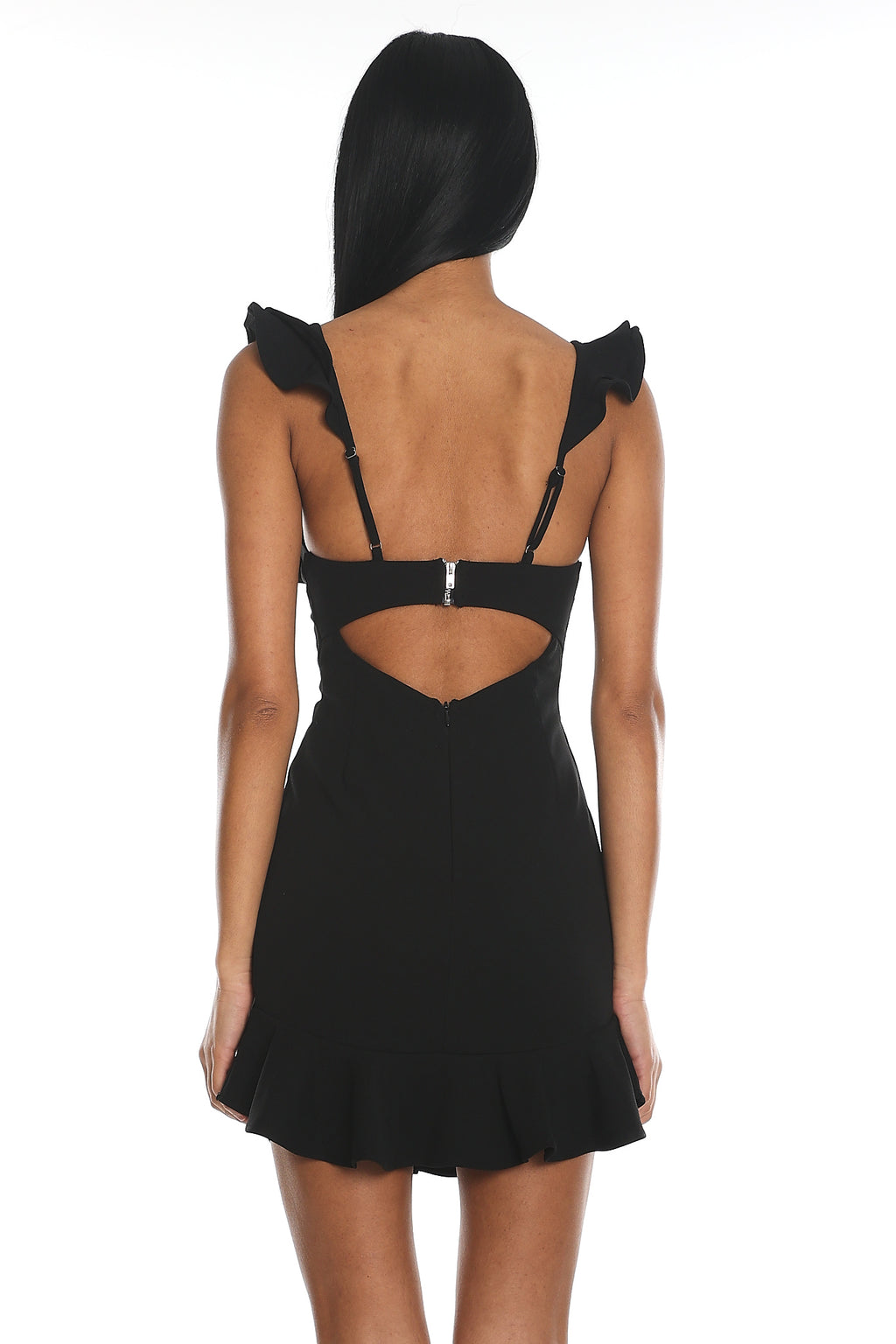 Moonlit Night Ruffle Strap Cut-Out Back Dress Black