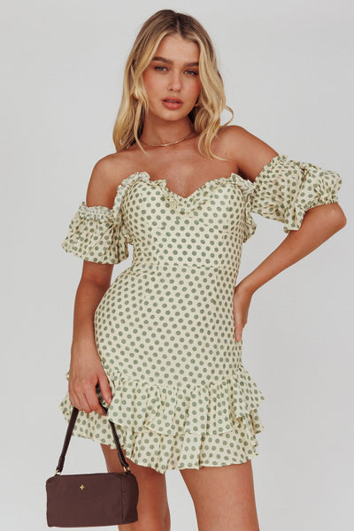 slim fit dress slacks Green Polka Dot Tie Front Shirred Waist Frill Minidress main image 0
