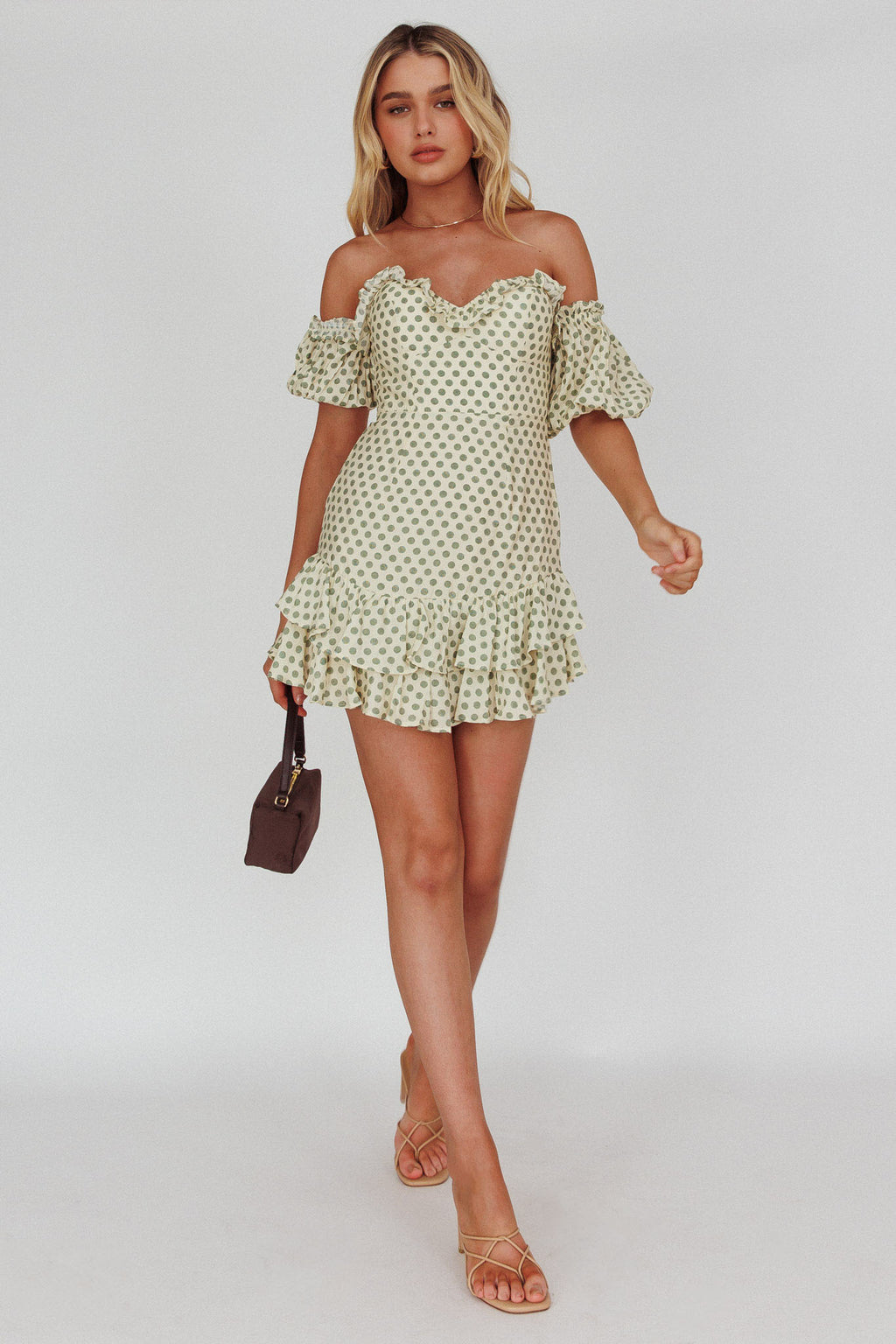 Homecoming Queen Sweetheart Neckline Puff Sleeve Dress Polka Dot Green by Selfie Leslie