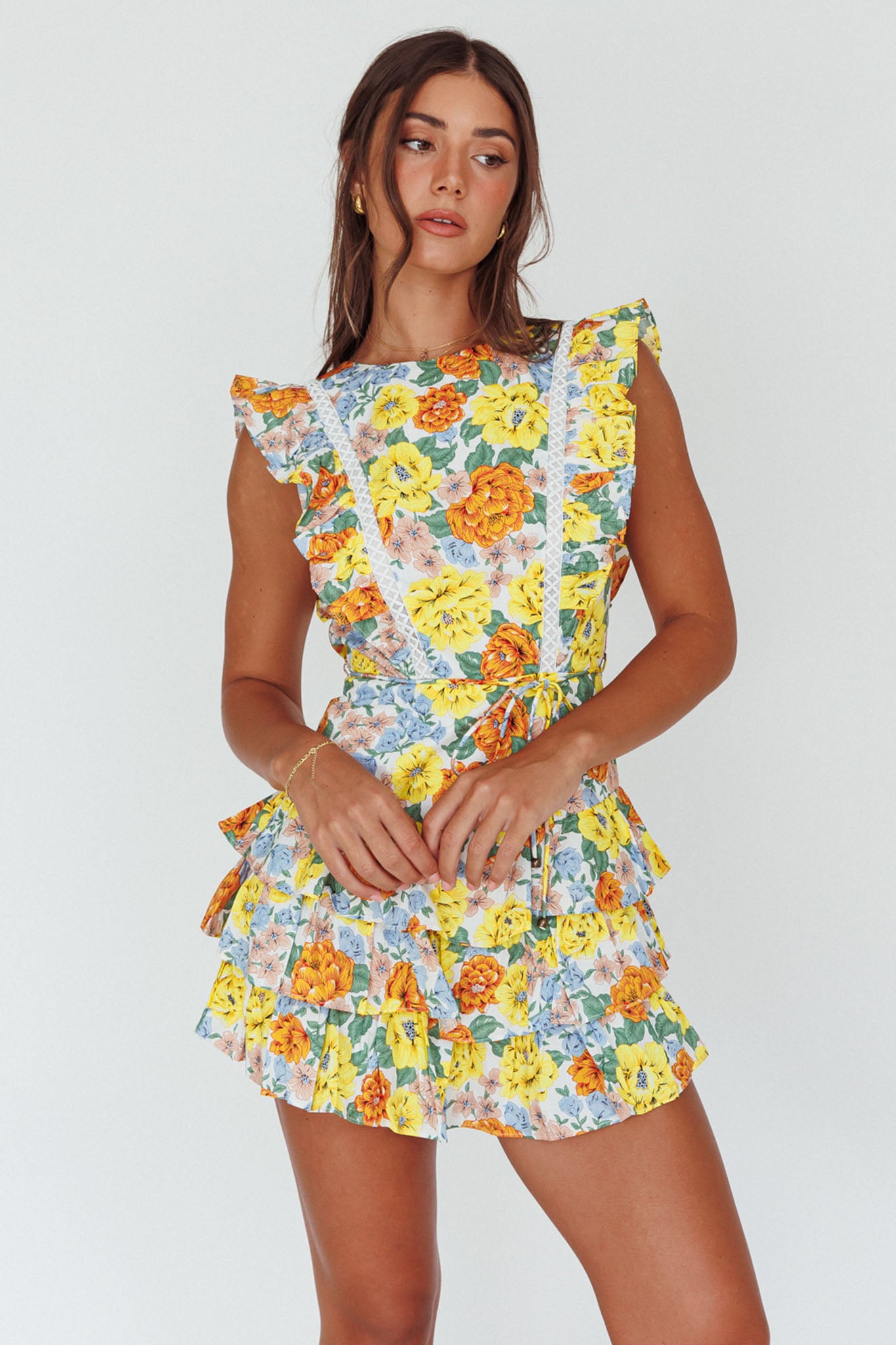 Weekend Muse Sleeveless Layered Frill Romper Yellow Floral by Selfie Leslie